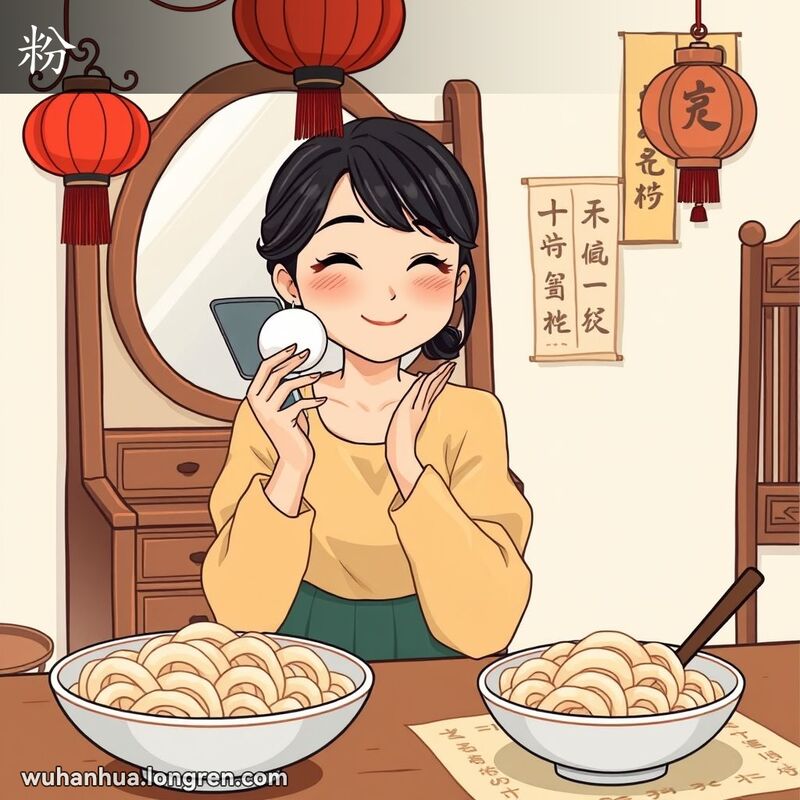 一位武汉女子在梳妆台前化妆，手持粉扑，背景有红薯粉条和刚粉刷的墙壁