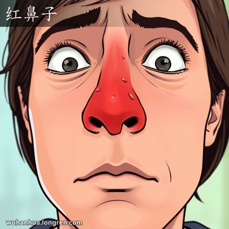 一张特写的面孔，鼻子呈现出明显的红色，表现出慢性皮肤病罗色症的典型症状。