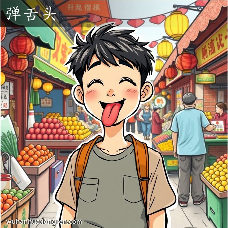 一位年轻的武汉市民在市场中伸出舌头发出“弹舌头”的声音，脸上带着得意的表情，背景是热闹的武汉街头市场。