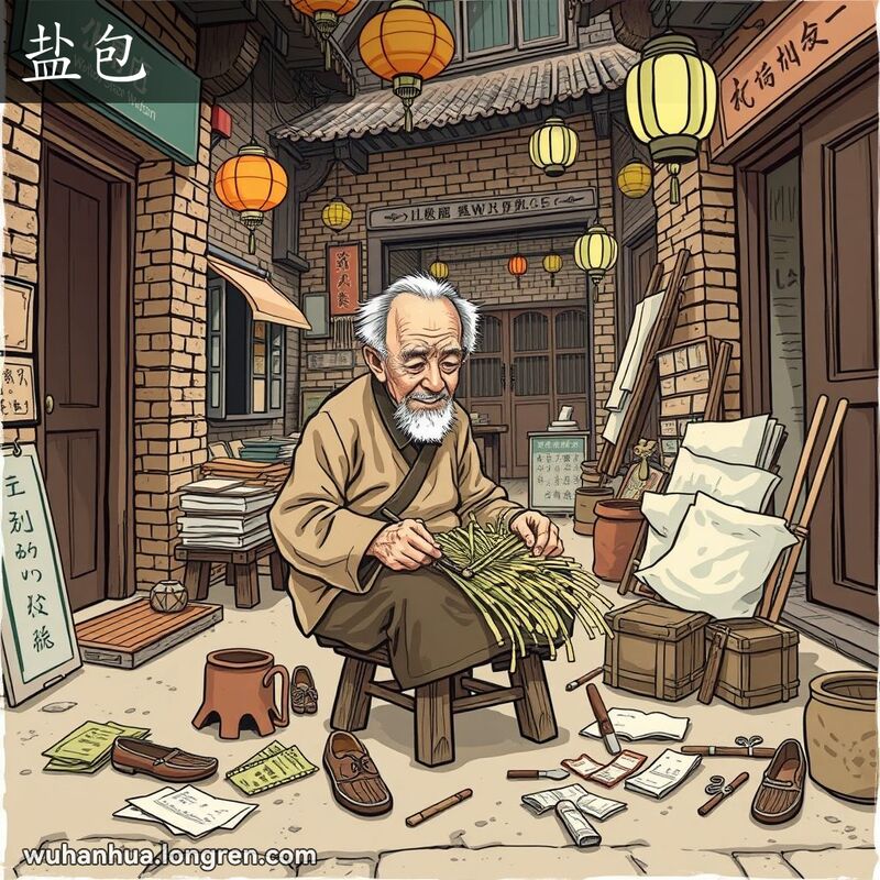 一位老手艺人在武汉老街上用蒲草和纸编织鞋底，背景有砖墙、木门和挂灯笼