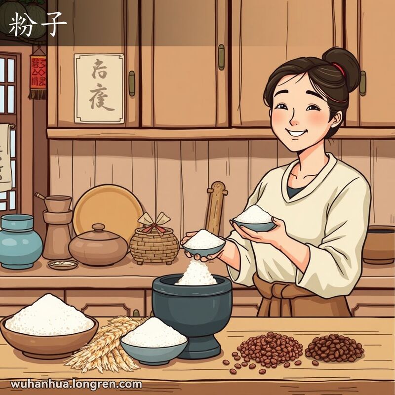 一位妇女在传统武汉厨房里，手持一碗白色粉末，背景有大米、小麦、豆类和研钵