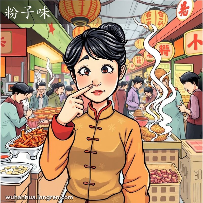 一位武汉女子在市场中捂住鼻子，指着一个散发难闻气味的摊位，背景是热闹的市场场景