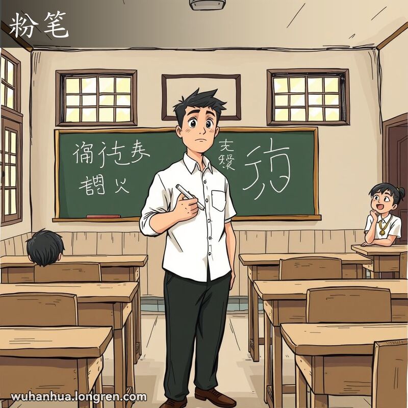 一位老师在武汉老校舍的教室里，手持粉笔在黑板上认真书写，学生们在背景中专心观看。