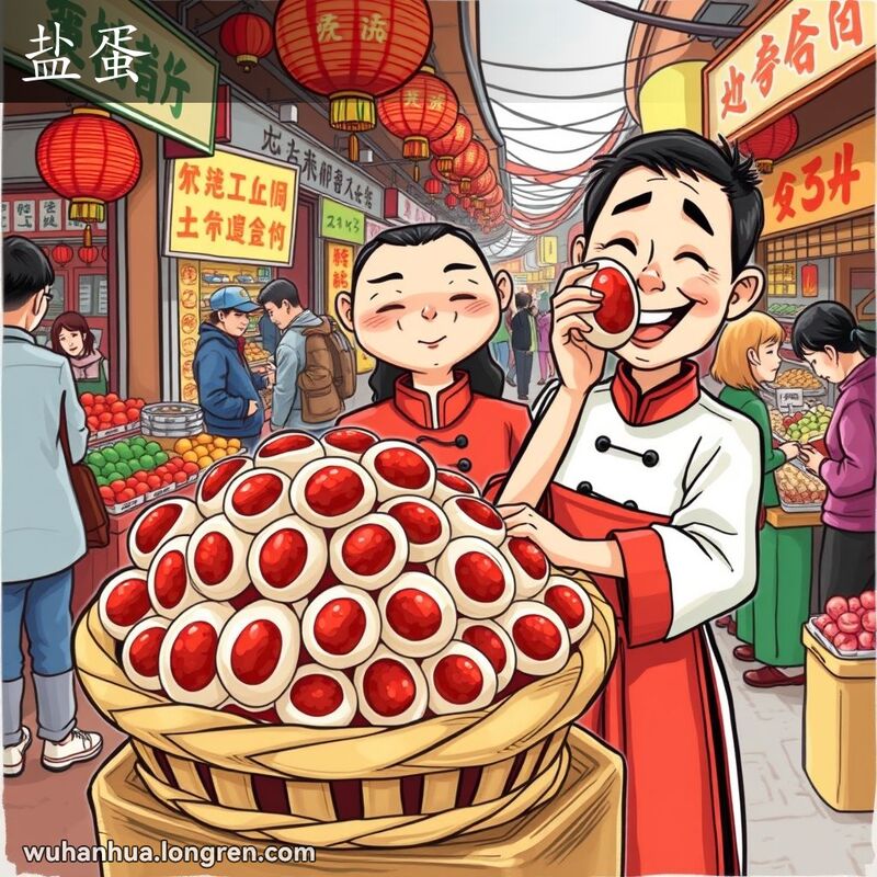 武汉街市摊位上的盐蛋，摊主微笑举起盐蛋邀请路人品尝，背景是热闹的市场