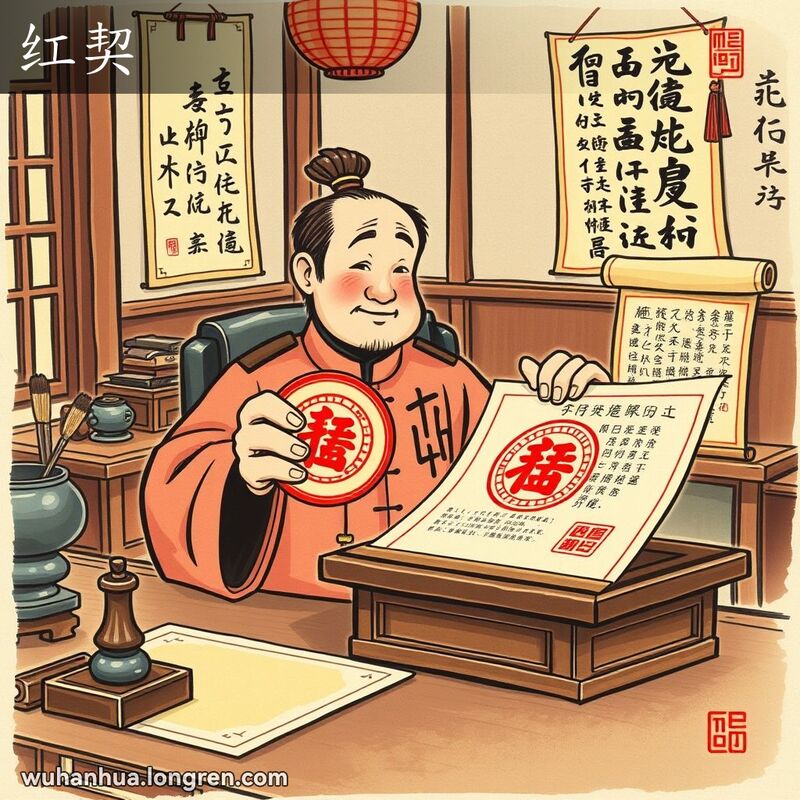 一位官员在传统办公室内准备盖章的红契，背景有书法卷轴和文房四宝