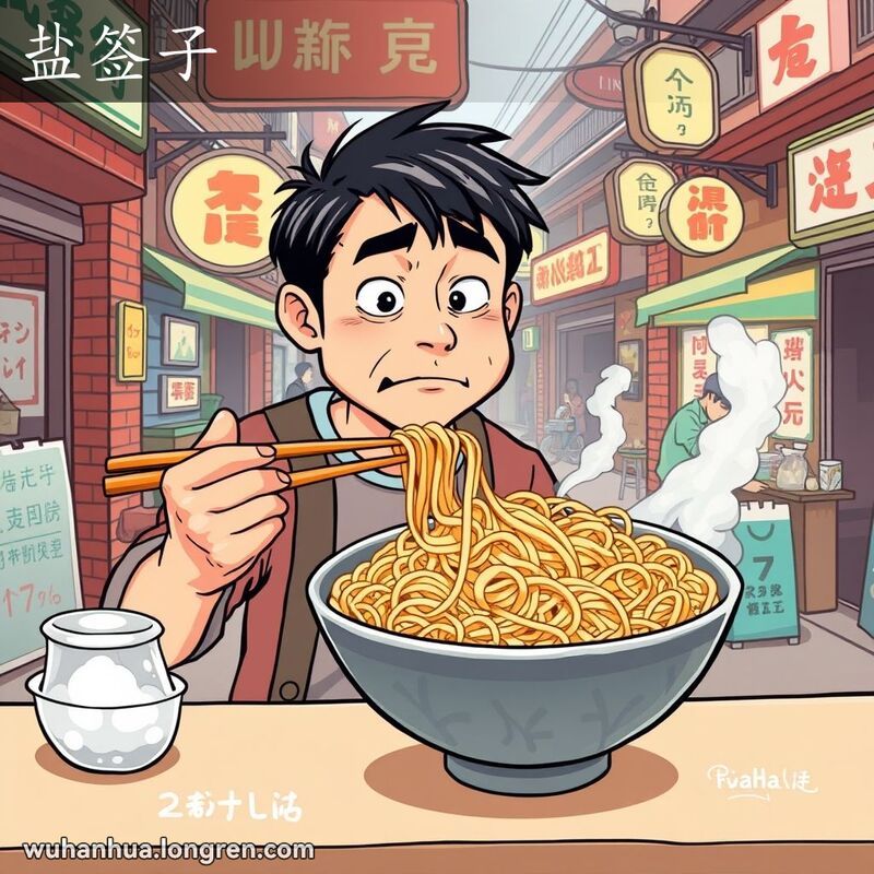 一位武汉市民在街边小摊前，尝了一口极咸的面条后，露出夸张的惊讶和不适表情，背景是武汉老街景