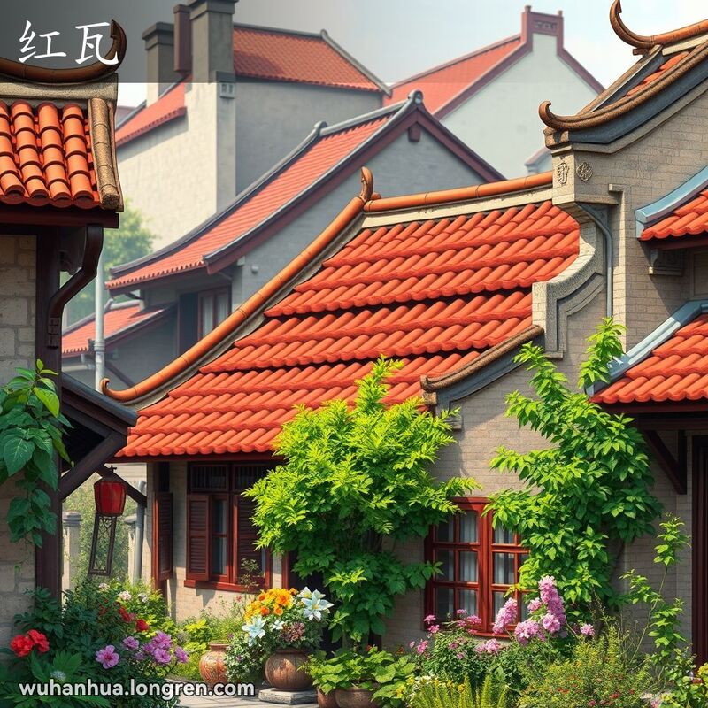 武汉老街的传统建筑，房屋屋顶覆盖着红色瓦片，背景有绿树和鲜花。