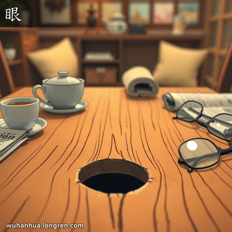 一张木质桌子中央有一个小洞，桌子上有茶杯、报纸和眼镜，背景是温馨的武汉家庭环境。