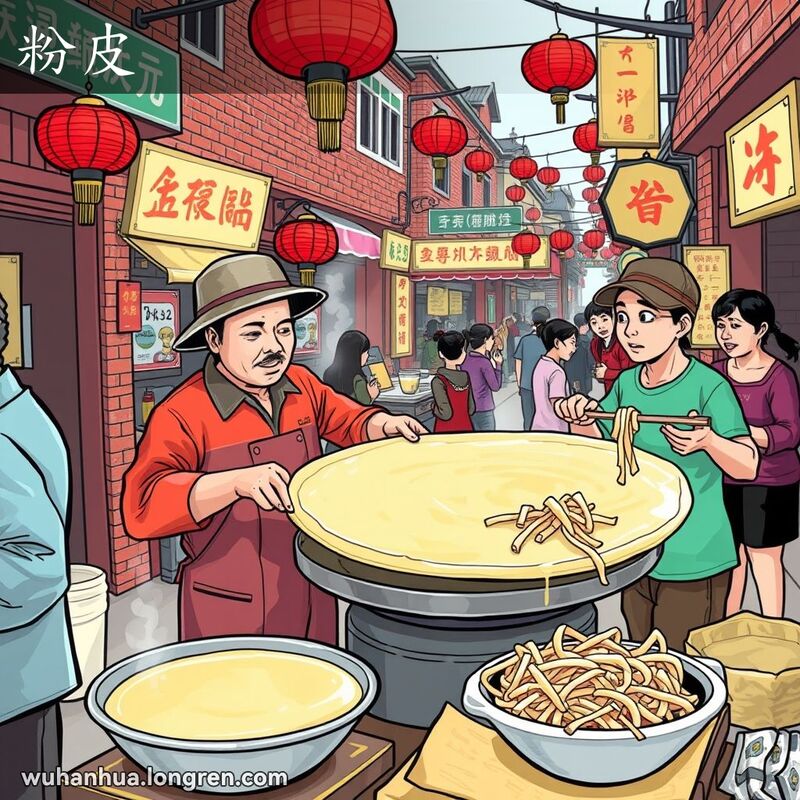 武汉街头市场，摊贩制作粉皮，顾客手持宽粉，背景有其他小吃摊位