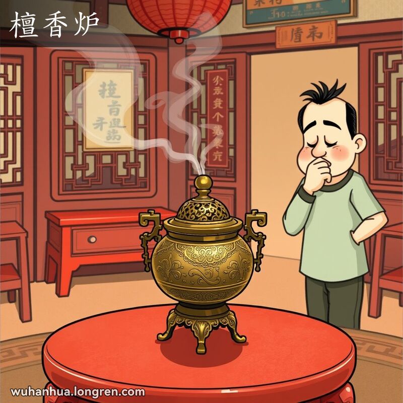 一个传统中式房间，桌上摆放着精致的青铜香炉，背景中有人捏着鼻子，暗示难闻的气味。