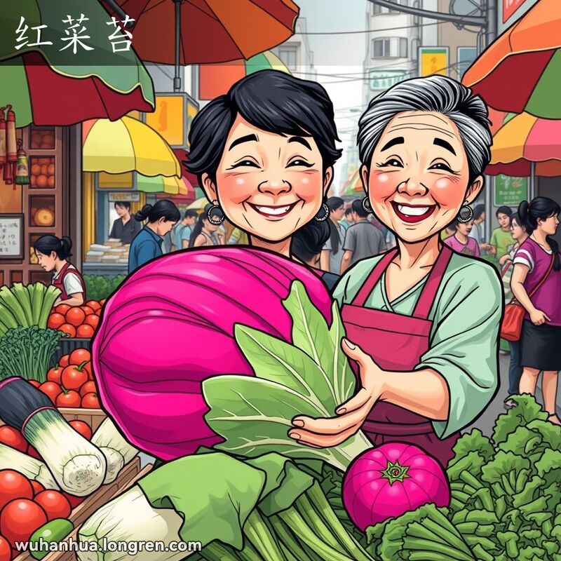 武汉街头菜市场，摊位上摆满蔬菜，红菜苔被摊主展示，背景是热闹的市场场景。