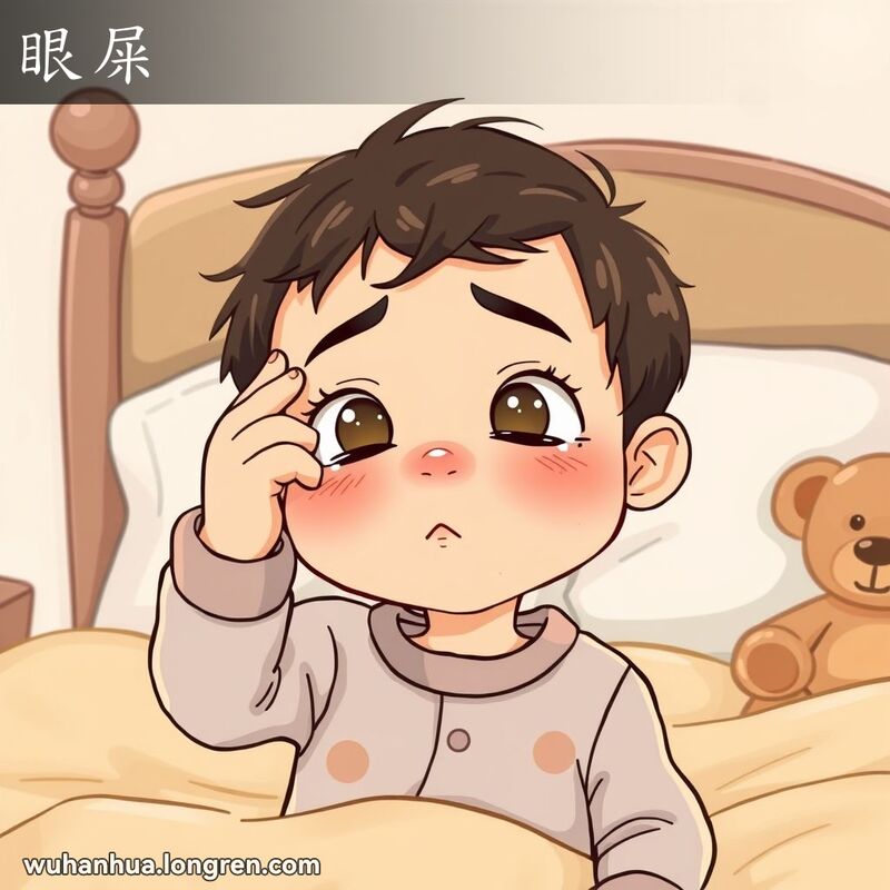 一个小孩早晨醒来，揉着眼睛，眼角有黄色眼屎，背景是温馨的卧室