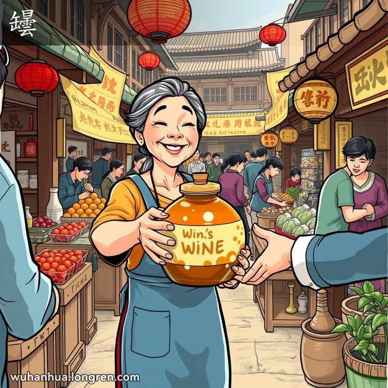 一个中年妇女在武汉街市上递给顾客一大罐酒，背景是热闹的市场摊位。