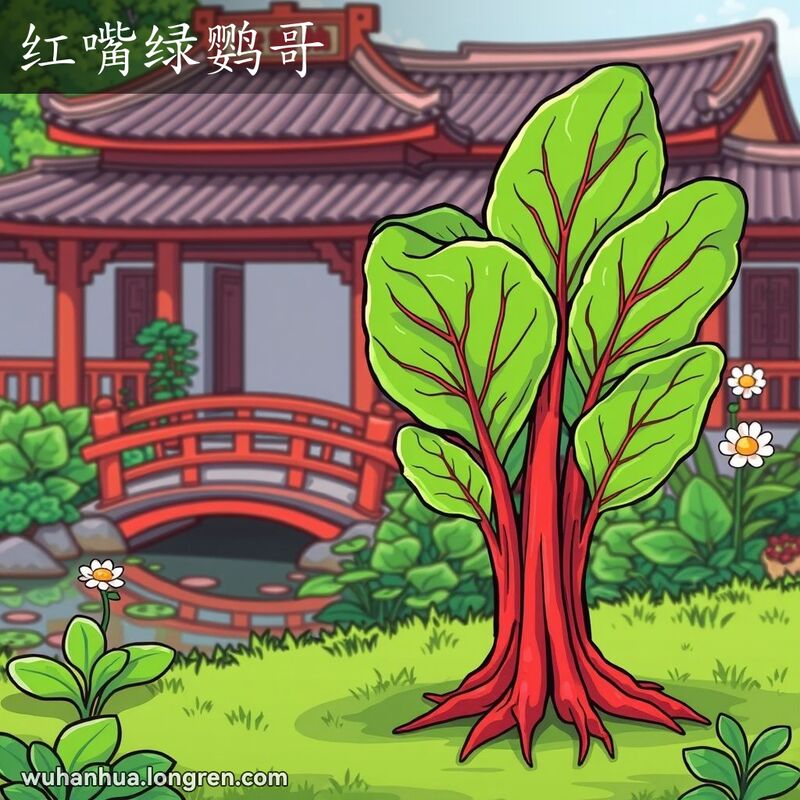 一株红根绿叶的菠菜植物在传统中国花园中生长，背景有池塘、木桥和花朵