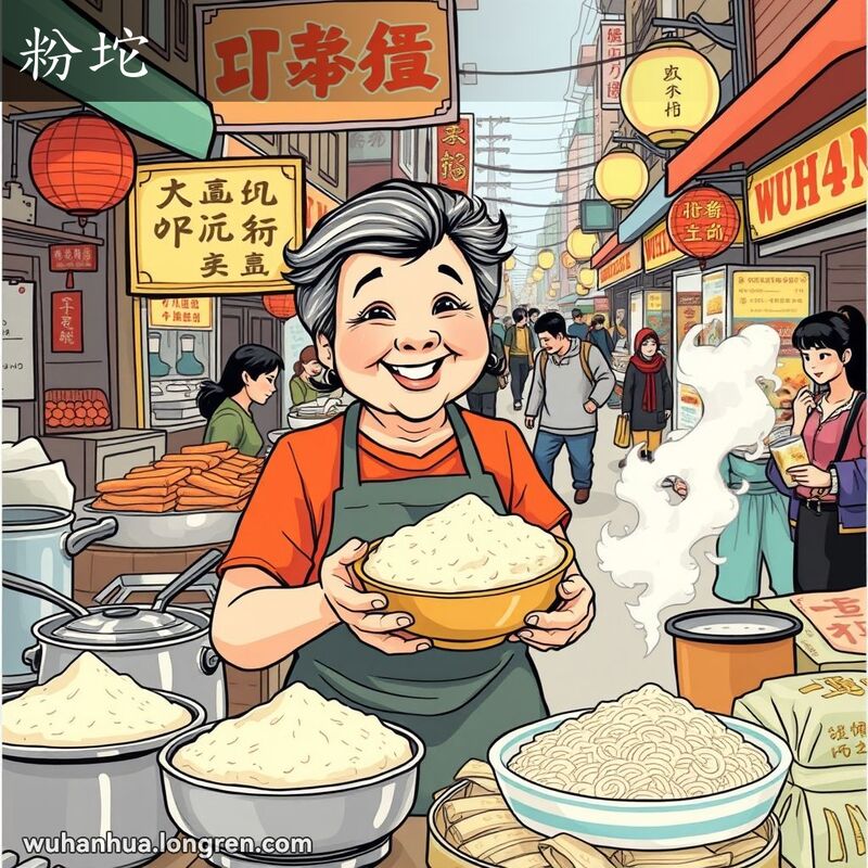 武汉街头市场，女摊贩正在用米粉（粉坨）制作小吃，背景是其他摊贩和顾客