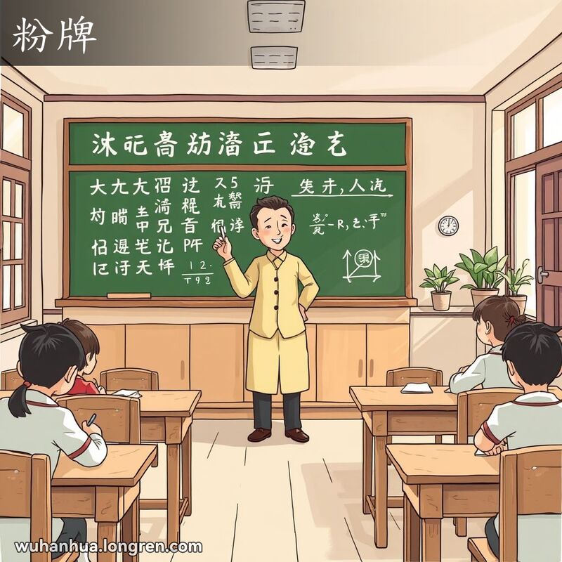 一位老师在武汉教室的黑板前讲解，学生们认真听讲，背景是传统教室和绿植