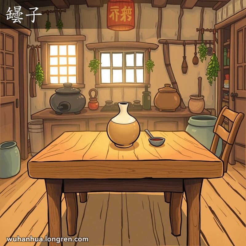 一个传统武汉厨房，桌上放着一个小口大腹的陶罐，盛满酱油，旁边有小勺子，背景是老式木柜和泥炉