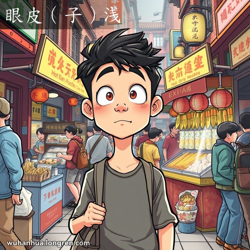 一位年轻男子在武汉街市中，眼神中透露出对周围环境的不熟悉和惊讶，表现了“眼皮（子）浅”的意思。