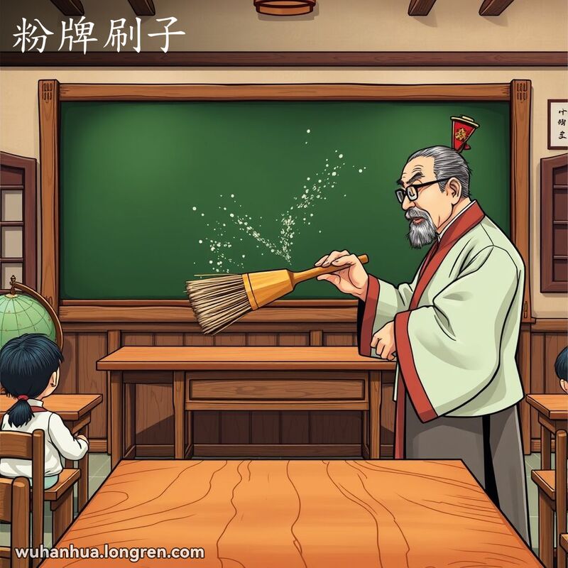 老师在教室黑板前用大平刷清理黑板，粉笔灰四处飞扬，背景有老式课桌椅和学生。