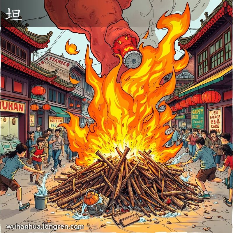 武汉街头一场猛烈的火灾，火焰高高蹿起，背景中人们忙着用水桶灭火