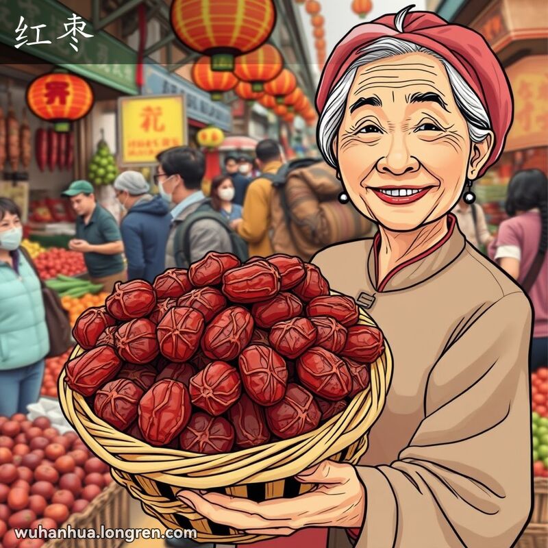 武汉街市摊位上，老妇人手持一篮红枣，背景是热闹的市场场景