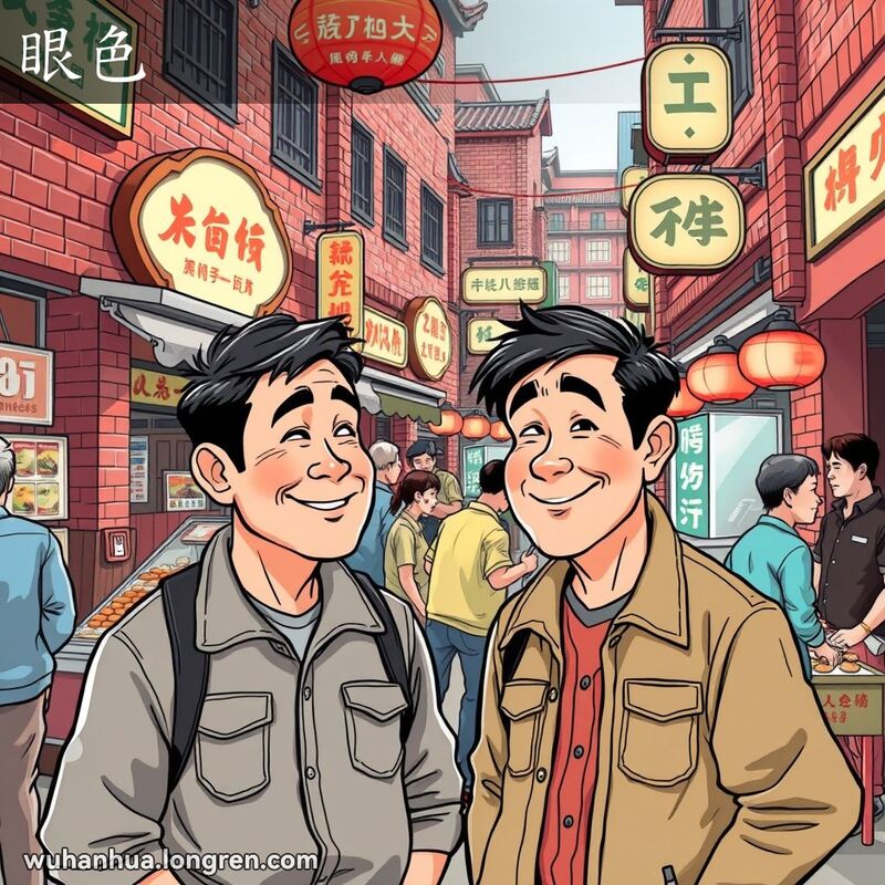 两位武汉男子在街边市场中，一人微笑着使眼色，另一人点头，背景是武汉老街景