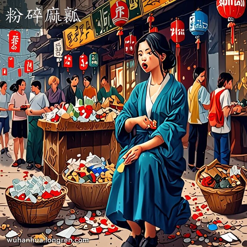 一位年轻女子站在武汉街头，手中拿着摔碎的玻璃瓶，瓶子碎成细小的碎片散落在地上，背景是武汉老街景