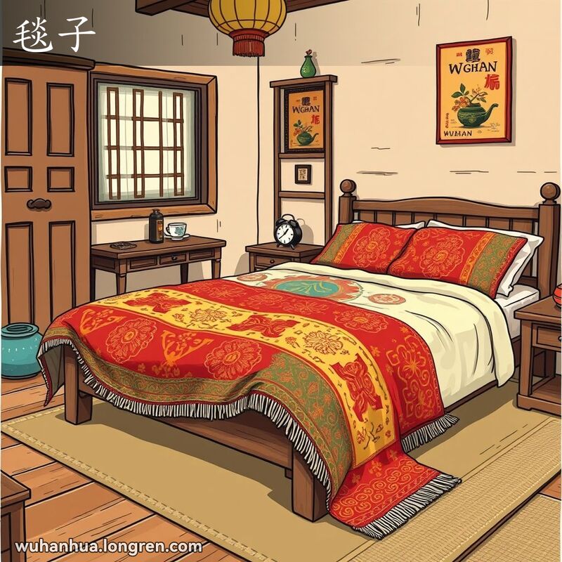 一个温馨的武汉传统卧室，床上铺着一条厚实、色彩鲜艳的毯子，背景有小木桌和老式闹钟