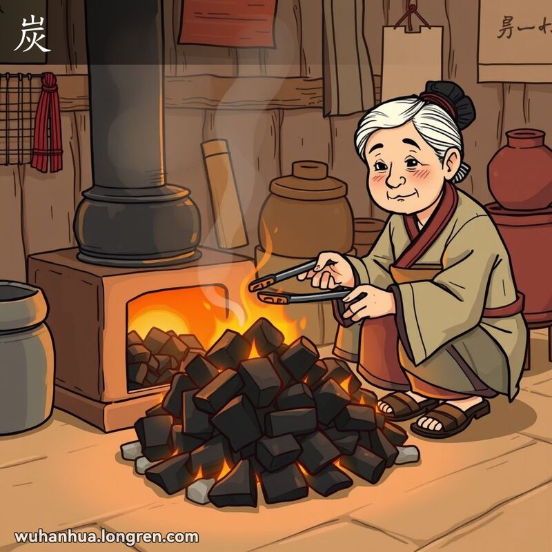 一位老妇人在传统武汉厨房中用钳子整理燃烧的炭块，背景有竹蒸笼和粘土锅。