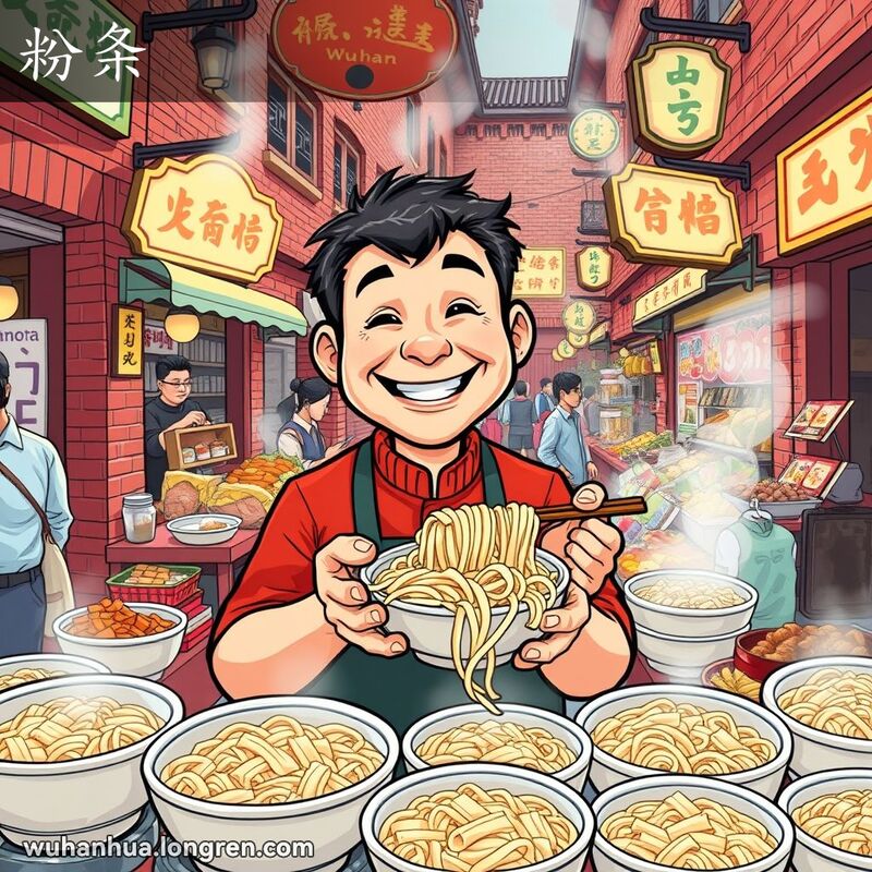 武汉街头市场，摊贩站在摊位后，摊位上摆满热气腾腾的粉条，背景有其他摊位售卖小吃和食材