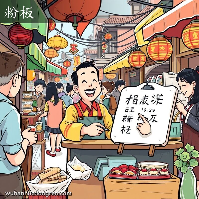 武汉街市场景，店主手持白色漆木板“粉板”，背景有其他摊位和忙碌的人群
