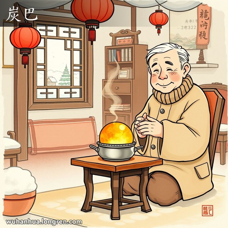 一位老人在传统武汉家中，手捧装有大煤球的手炉取暖，背景有红灯笼和雪景