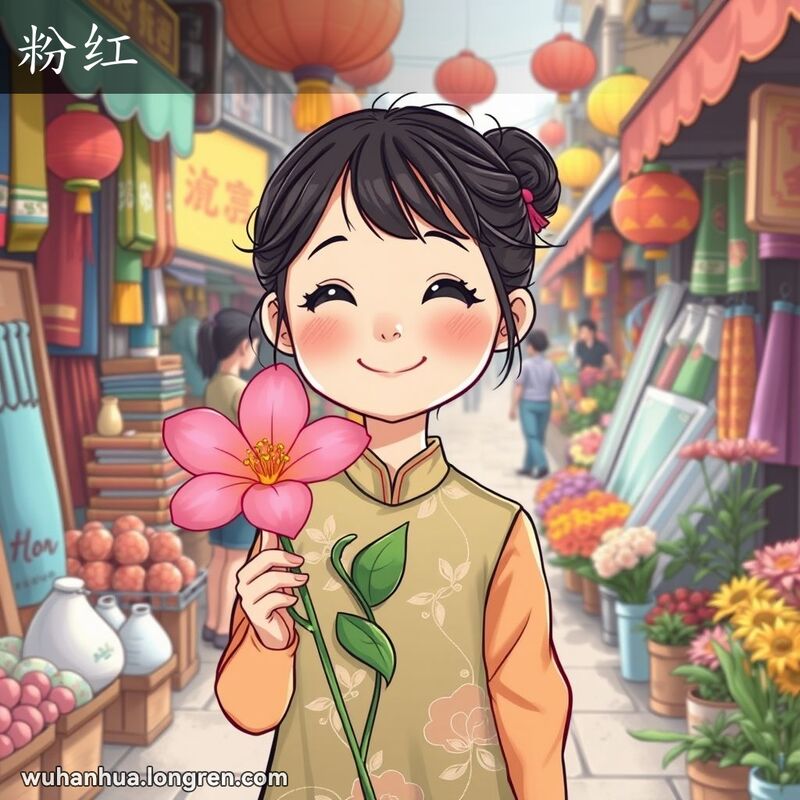 一位穿着传统服装的武汉女孩手捧粉红色花朵，背景是热闹的街头市场