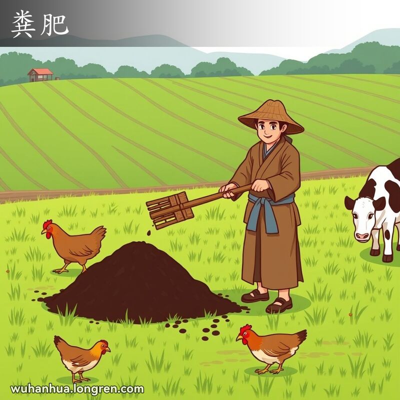一位武汉农民在田间施肥，背景是绿色农田，画面充满劳动的辛勤和对土地的热爱。