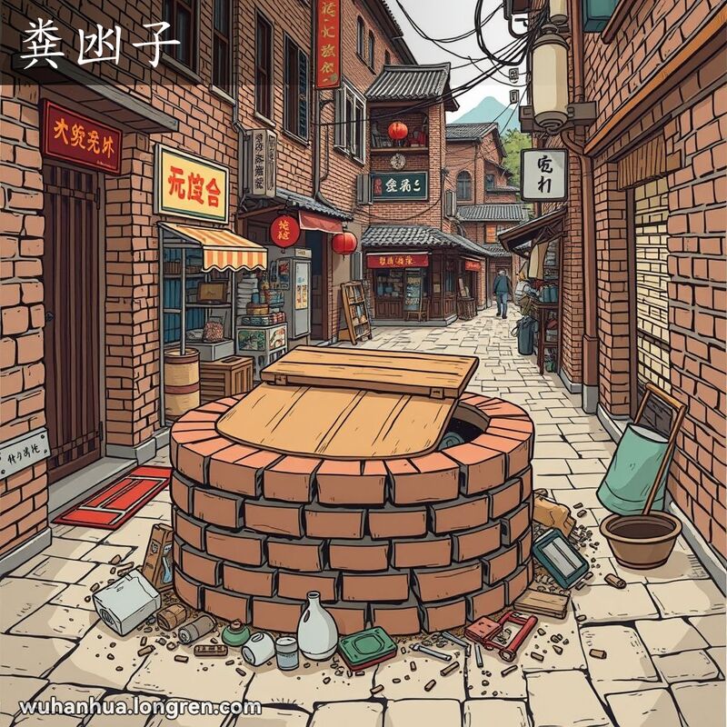 一条传统的武汉小巷，前景是一个老旧的粪凼子，周围散落着废弃物，背景有小摊贩和长江景色。