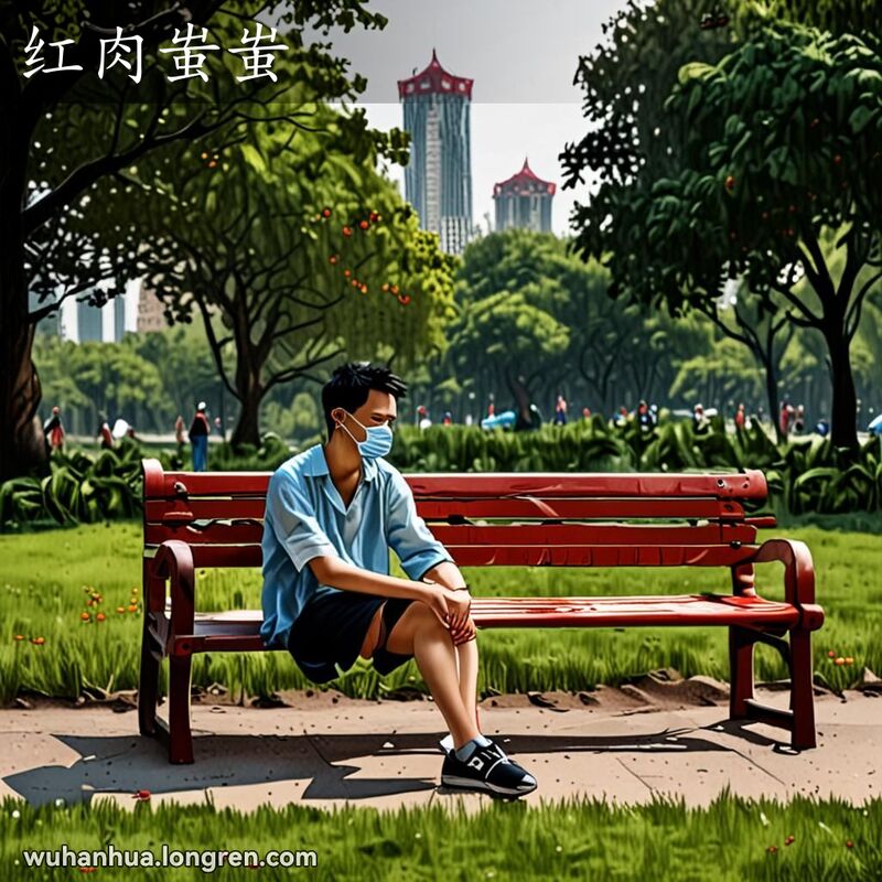 一位武汉市民坐在公园长椅上，脚上有明显的伤口，露出红色的肉，表情痛苦，背景是武汉公园景象