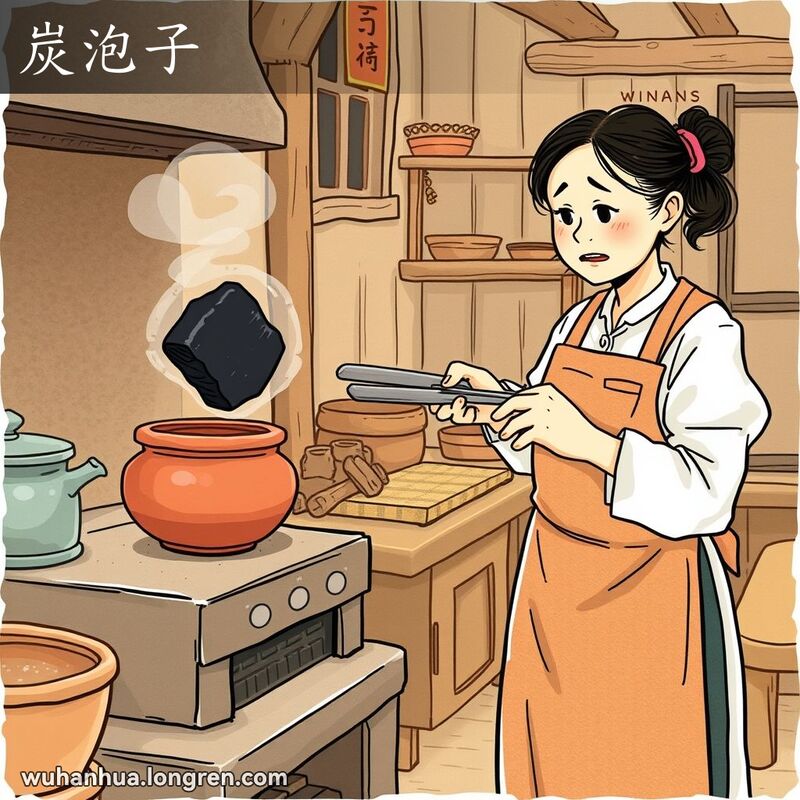 一位妇女在传统武汉厨房中用火钳检查未完全燃烧的煤块，背景有煤炉和砂锅。