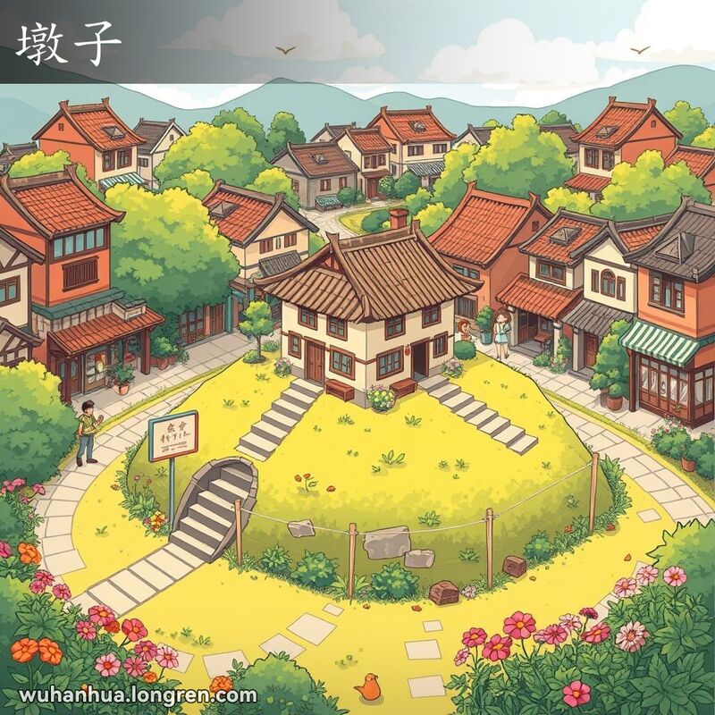 武汉传统街区中的小土丘，上面有老式房屋，周围是绿植和花朵，背景有其他房屋和小店铺，人们在忙碌。