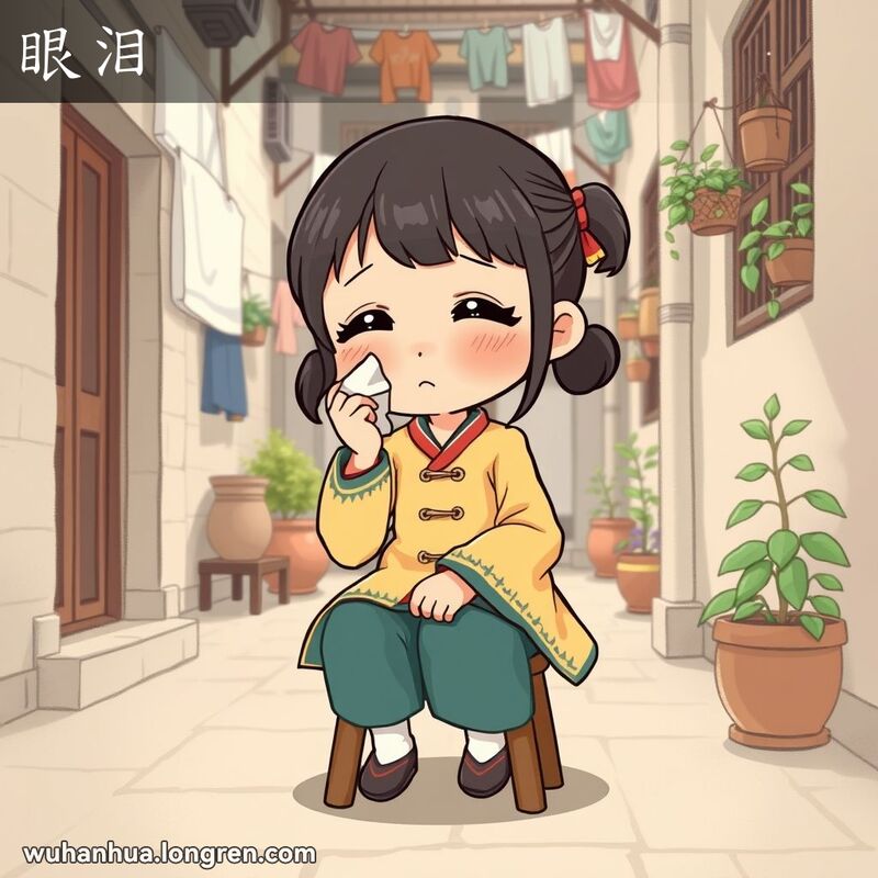 一位武汉女孩坐在小木凳上，用手帕擦拭眼泪，背景是武汉小巷景