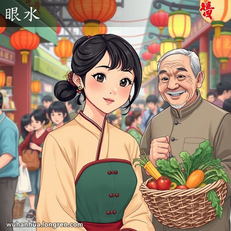 一位年轻的武汉女子在市场中用眼神向小贩传达暗示，背景是热闹的市场摊位和顾客。