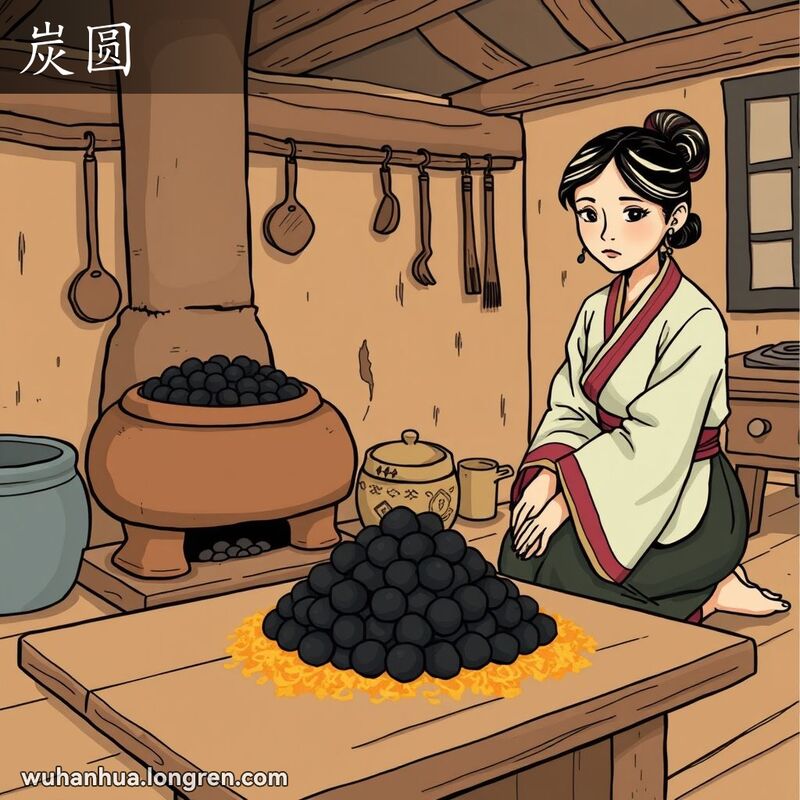 一位穿着传统中国服装的妇女在传统武汉厨房中，跪在泥炉旁，将小圆形煤球放入炉子生火，背景是木梁和土墙。