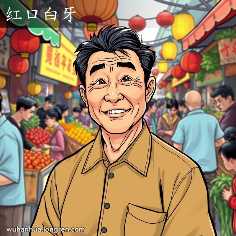 一位中年武汉男子在市场中自信交谈，口中露出白牙，背景是繁忙的市场摊位和日常生活场景