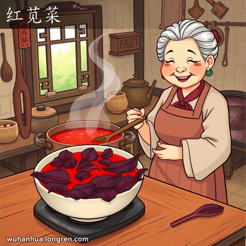 一位老奶奶在传统武汉厨房里煮红苋菜汤，汤汁呈现浓郁的红色，背景是老式厨房用具和茂盛的花园