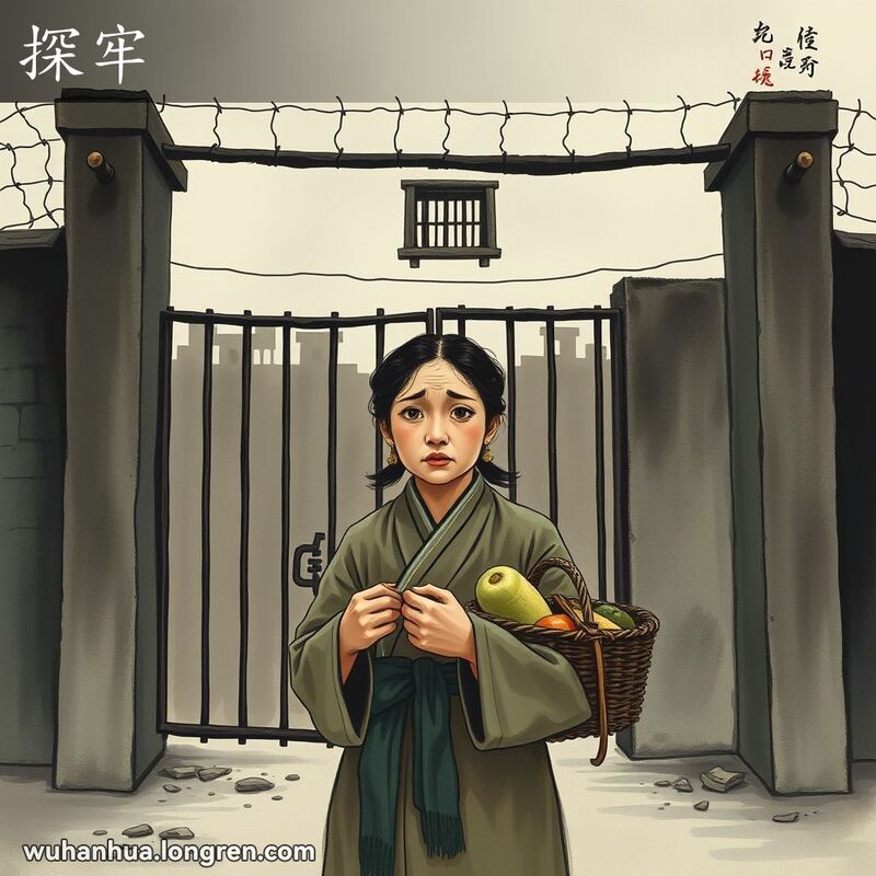 一位武汉妇女站在监狱门前，手持食篮，面露忧虑，背景是阴沉的天空和监狱的高墙、铁丝网