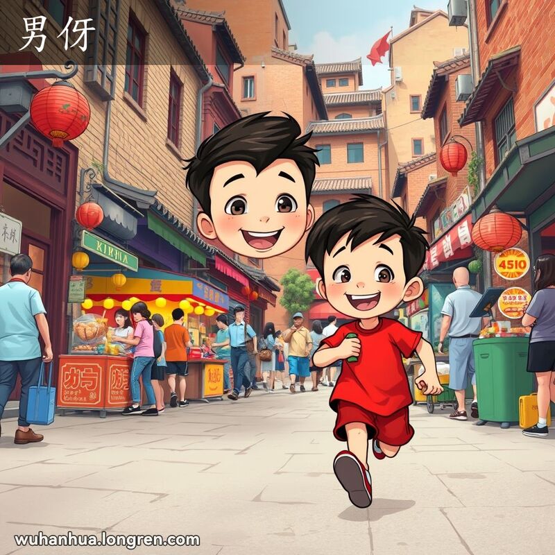 一个穿红色T恤的男孩在武汉老街上开心奔跑，背景有街边摊贩和行人