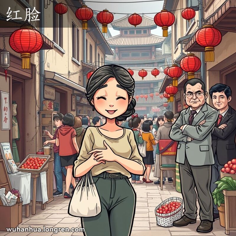 一位年轻女子在武汉街市中因害羞脸红，背景有温和的老妇人和严肃的男子，代表红脸和黑脸的态度