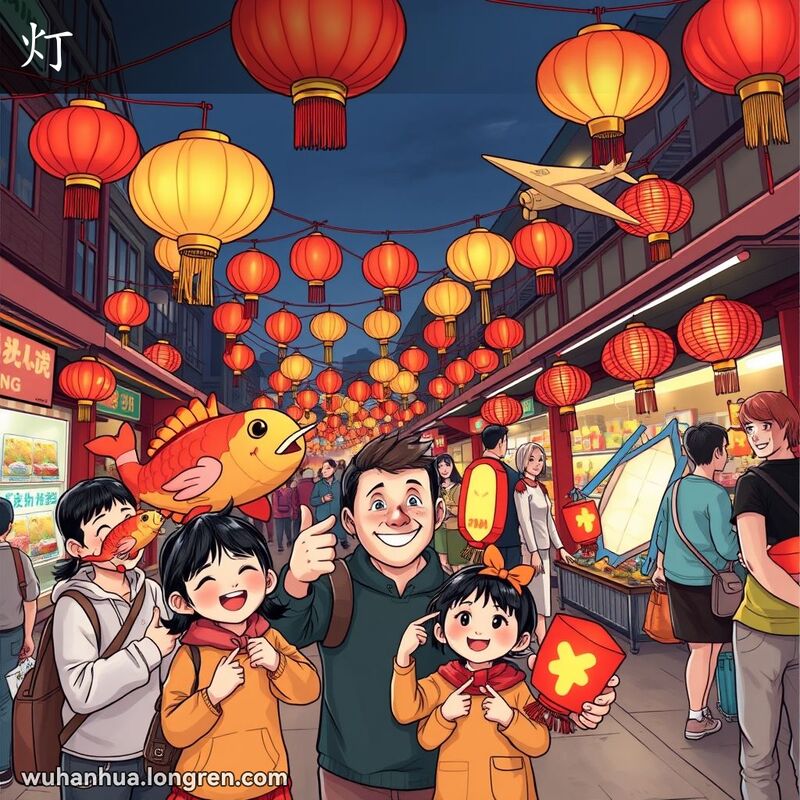 武汉夜市红灯笼高挂，一家人手持各种花灯，背景是繁忙的街头小贩和小吃摊