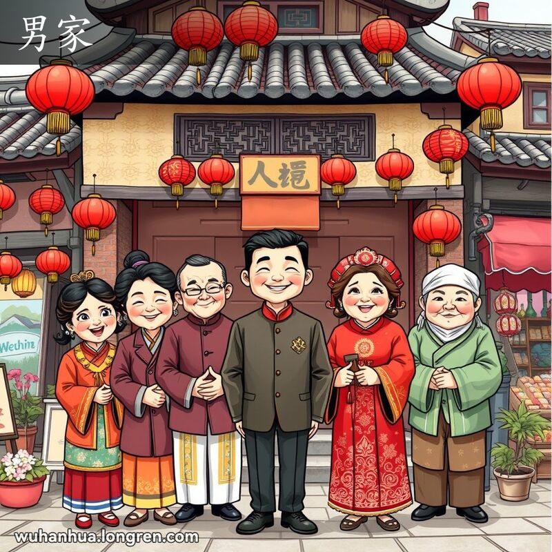 一场传统的武汉婚礼，新郎一家人身穿节日盛装，站在老宅前，红灯笼高挂，背景是热闹的老街景