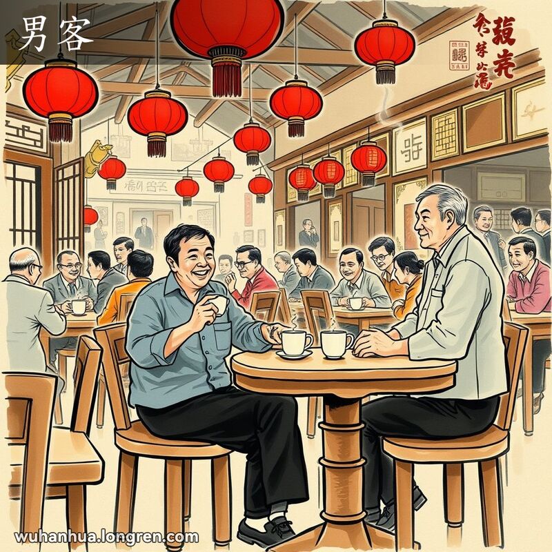 一位中年男子在武汉茶馆享受茶水，背景有其他客人和茶馆老板