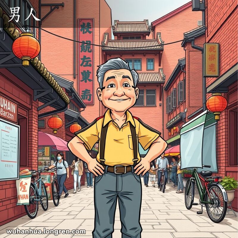 一位中年男子自信地站在武汉老街景中，背景有红砖墙和旧式招牌。